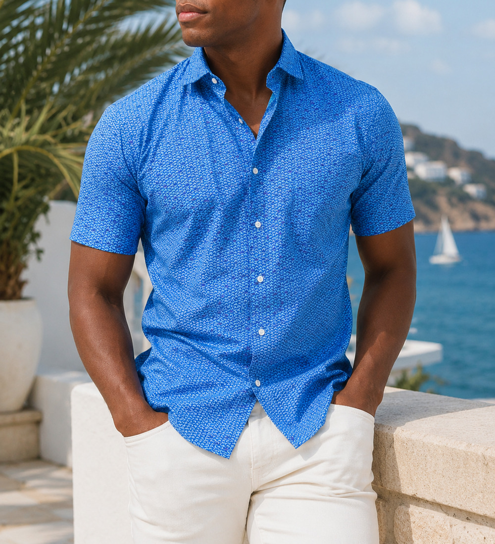 Peter Millar Seaside Waves Fins Cotton Stretch Shirt XL NWOT MSRP $145 Blue